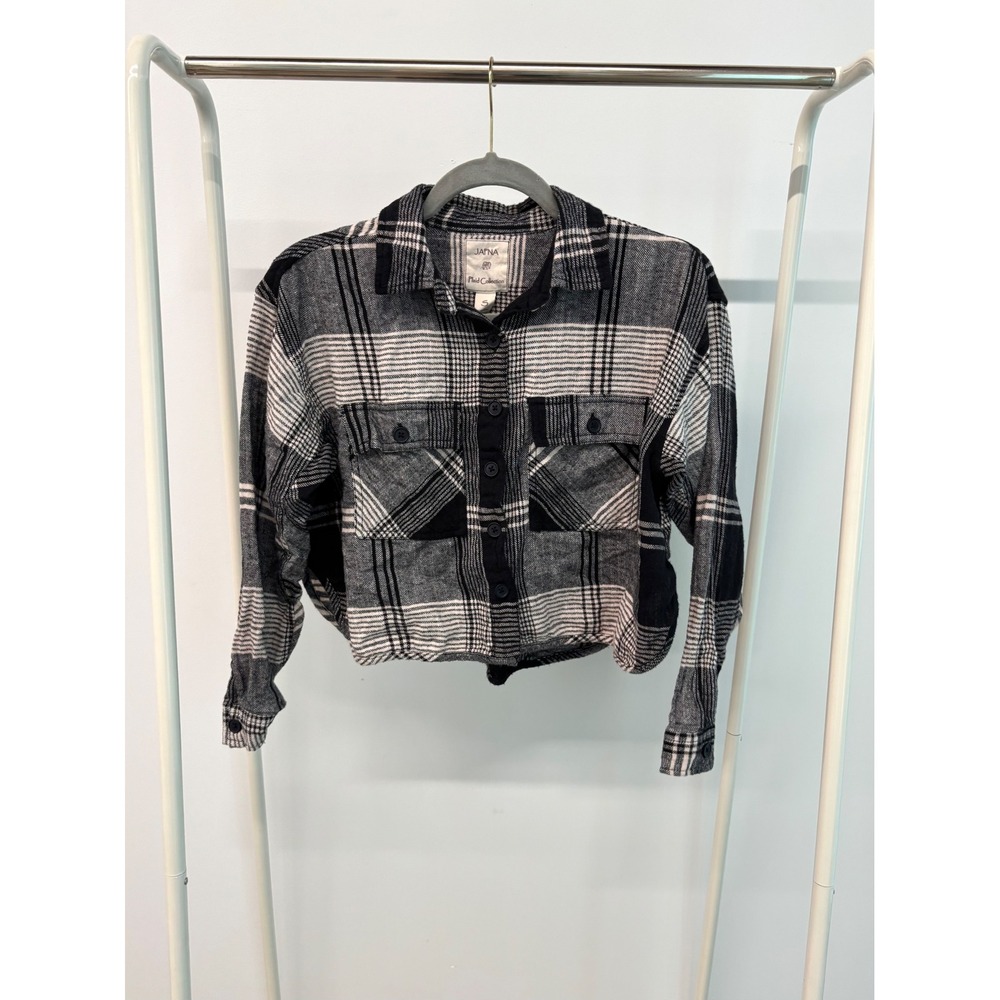 JAPNA Plaid Collection Black White Cropped Flannel Button Down Womens Small